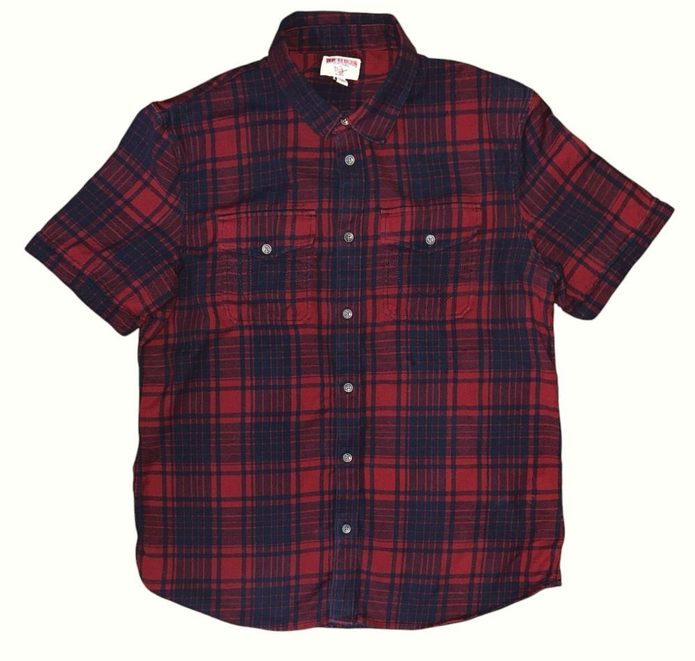 True Religion Red & Black Plaid Short Sleeve Button Down Flannel Shirt Men's XL